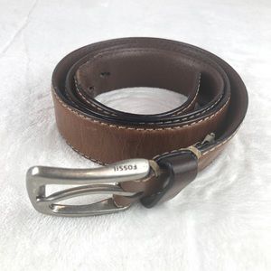 Fossil Belt Men 40 Aiden Brown Leather Minimalist Nickel Buckle Rugged Cowboy
